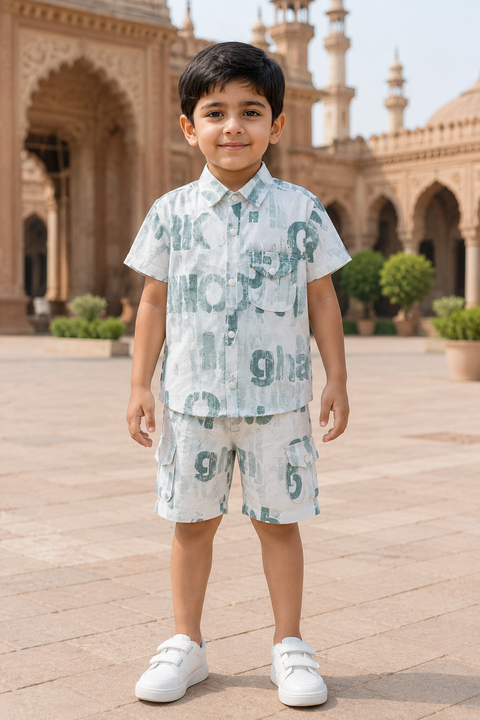 Boys Premium Printed Co-Ord Set – Green & White Summer Outfit