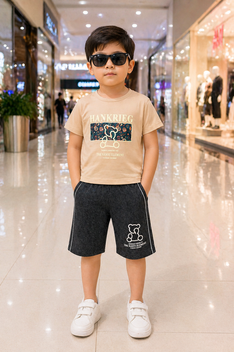 Stylish Beige Graphic T-Shirt & Grey Shorts Kids Set