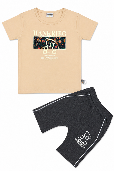 Stylish Beige Graphic T-Shirt & Grey Shorts Kids Set