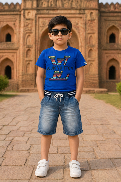Kids Royal Blue LV Style T-Shirt & Denim Shorts Summer Set