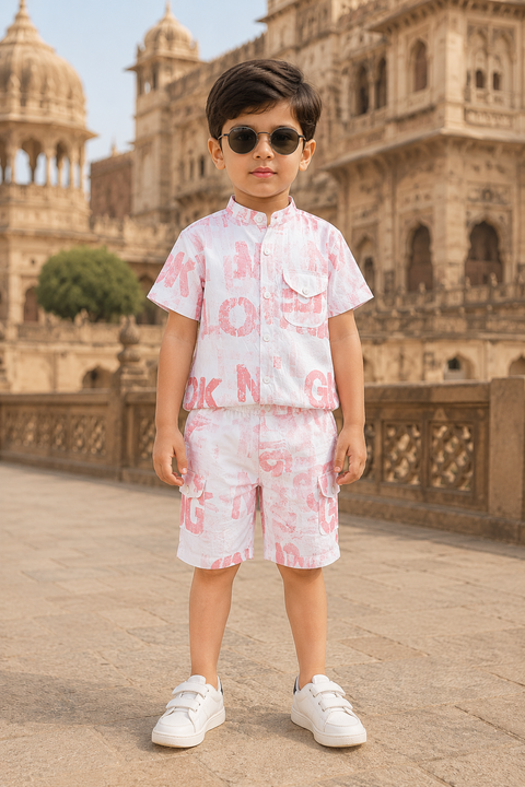 Boys Premium Printed Co-Ord Set – Pink & White Summer Outfit