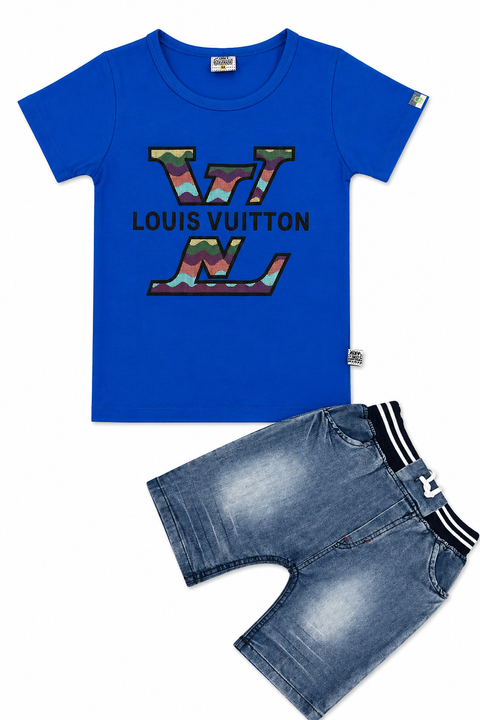 Kids Royal Blue LV Style T-Shirt & Denim Shorts Summer Set