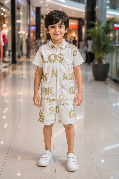 Boys Beige Printed Co-Ord Set – Stylish Summer 2 Piece Outfit