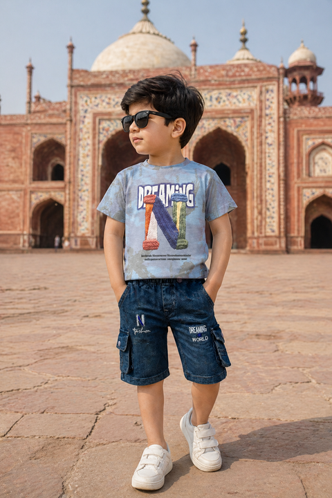 Dreaming “N” Graphic T-Shirt & Denim Shorts Set for Kids
