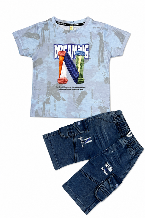 Dreaming “N” Graphic T-Shirt & Denim Shorts Set for Kids