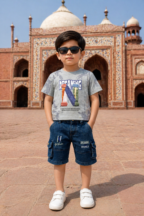 Dreaming “N” Graphic T-Shirt & Denim Shorts Set for Kids