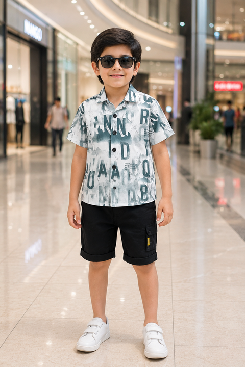 Boys Green Printed Shirt with Black Shorts – Trendy Summer Co-Ord Set