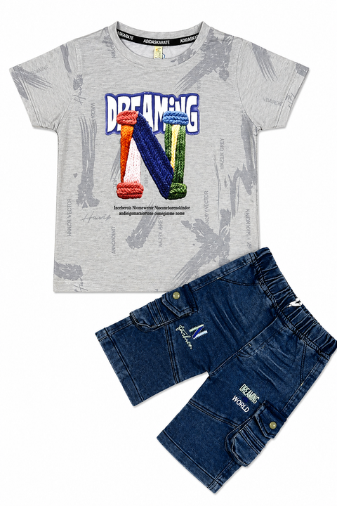 Dreaming “N” Graphic T-Shirt & Denim Shorts Set for Kids