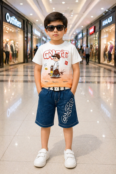 Kids Graffiti Print T-Shirt & Denim Shorts Set with Belt