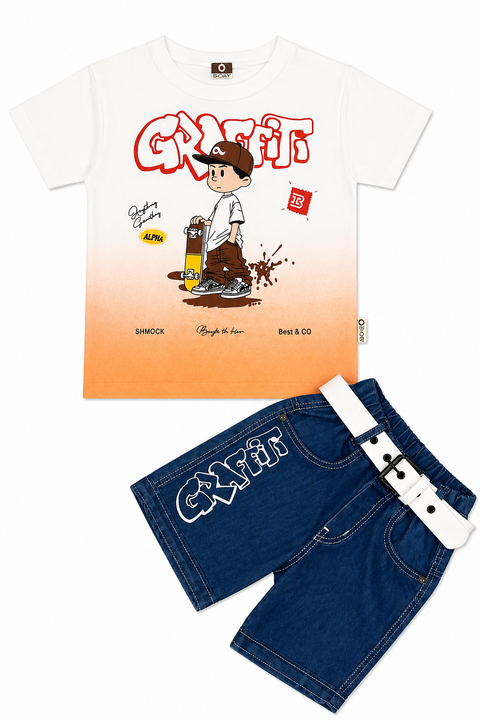 Kids Graffiti Print T-Shirt & Denim Shorts Set with Belt