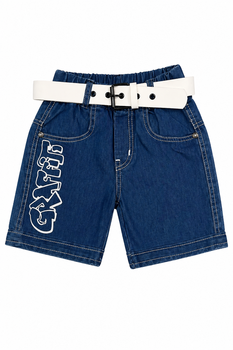 Kids Graffiti Print T-Shirt & Denim Shorts Set with Belt