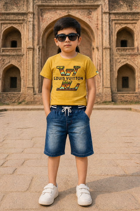 Kids Mustard Yellow LV Style T-Shirt & Denim Shorts Summer Set