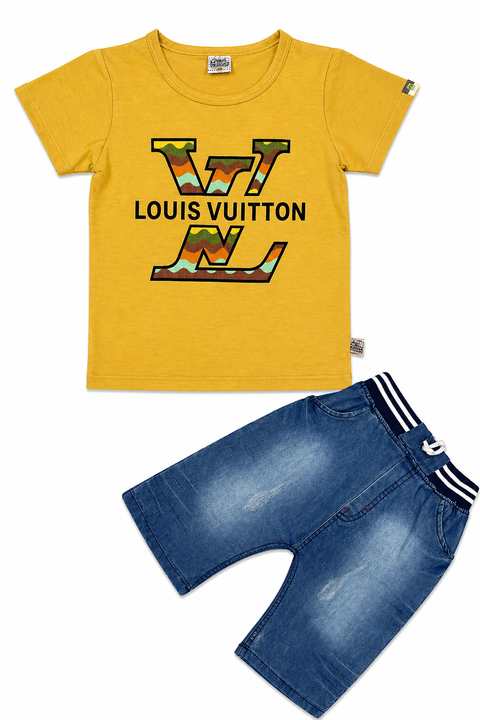 Kids Mustard Yellow LV Style T-Shirt & Denim Shorts Summer Set