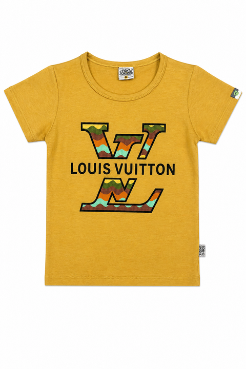 Kids Mustard Yellow LV Style T-Shirt & Denim Shorts Summer Set