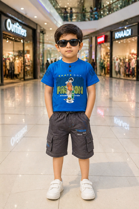 Kids Blue “Skate Boy” Graphic T-Shirt with Grey Shorts Set