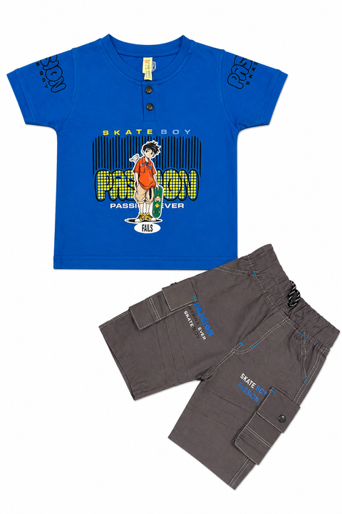 Kids Blue “Skate Boy” Graphic T-Shirt with Grey Shorts Set