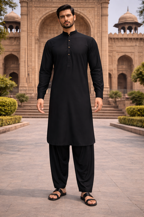 Men’s Premium Stitched Shalwar Kameez – Black