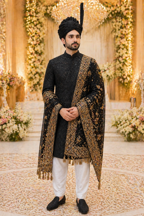 Classic Black Embroidered Sherwani – Complete Groom Set