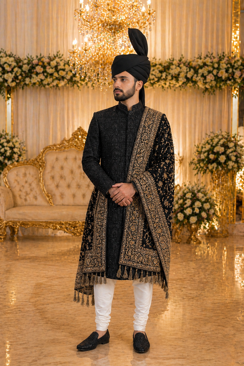 Classic Black Embroidered Sherwani – Complete Groom Set