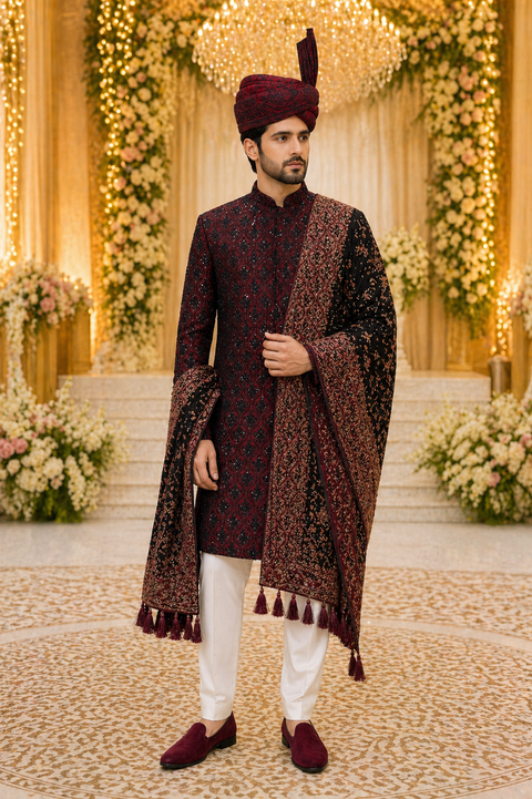 Classic Meiroon Embroidered Sherwani – Complete Groom Set