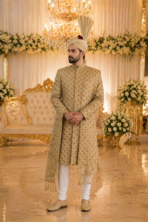 Classic Gold Embroidered Sherwani – Complete Groom Set