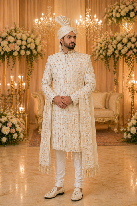 Classic White Embroidered Sherwani – Complete Groom Set