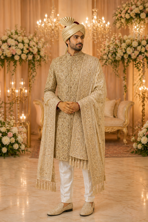 Classic Gold Embroidered Sherwani – Complete Groom Set