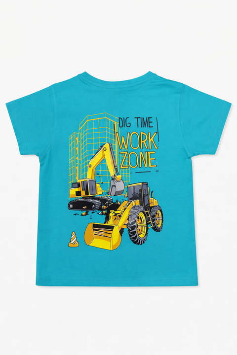 Kids Turquoise Graphic T-Shirt – Work Zone Print with Pocket Detail