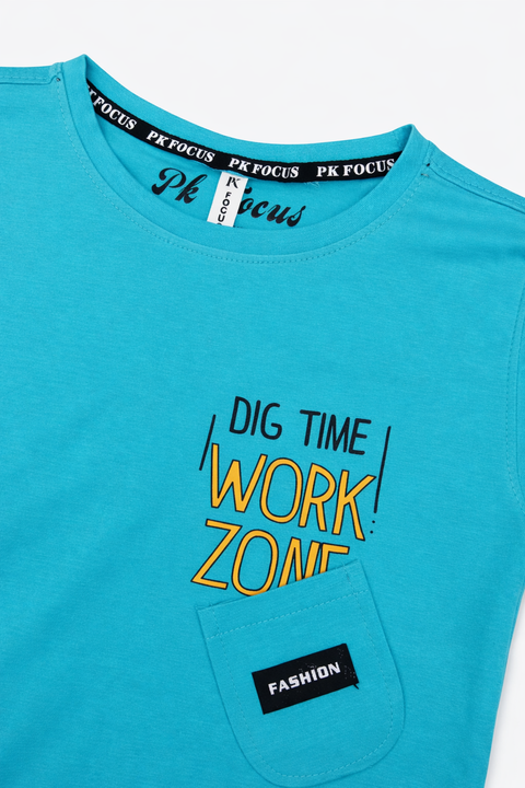 Kids Turquoise Graphic T-Shirt – Work Zone Print with Pocket Detail