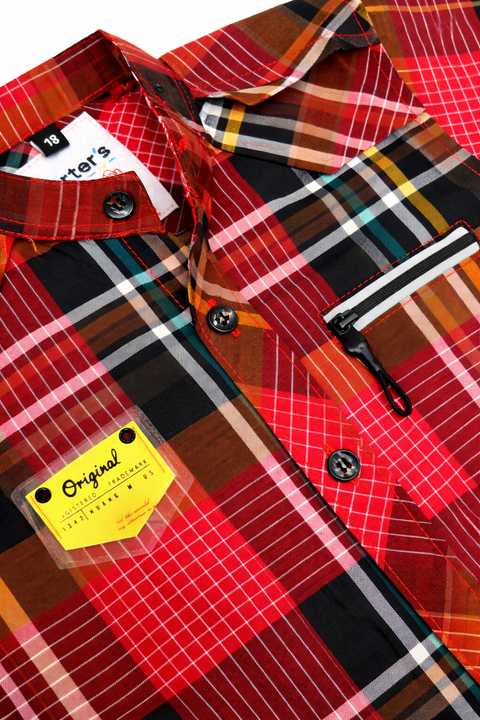 Boys Red & Black Checkered Casual Shirt – Stylish Half Sleeve Cotton Shirt for Kids