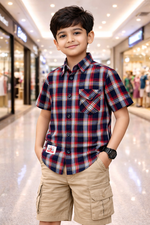 Boys Red & Navy Checkered Casual Shirt – Half Sleeves