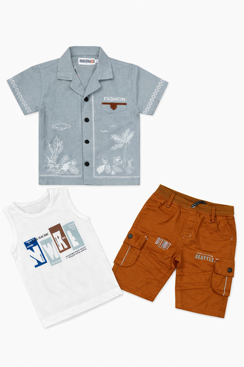 Kids 3-Piece Outfit – Stylish Printed Shirt, Graphic Tee & Cargo Shorts Set