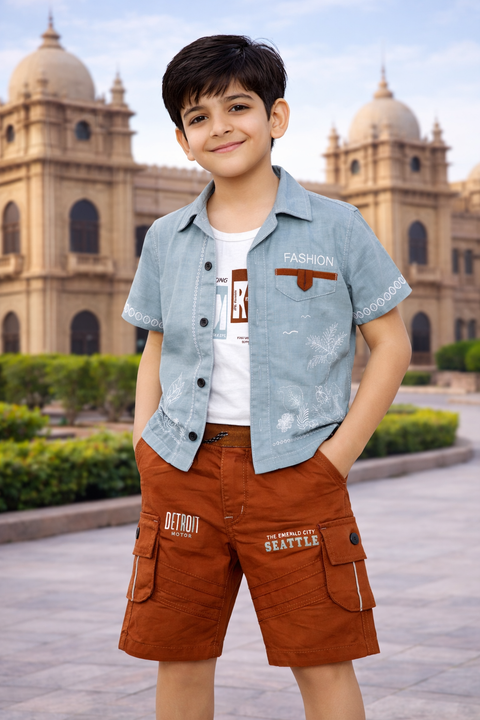 Kids 3-Piece Outfit – Stylish Printed Shirt, Graphic Tee & Cargo Shorts Set