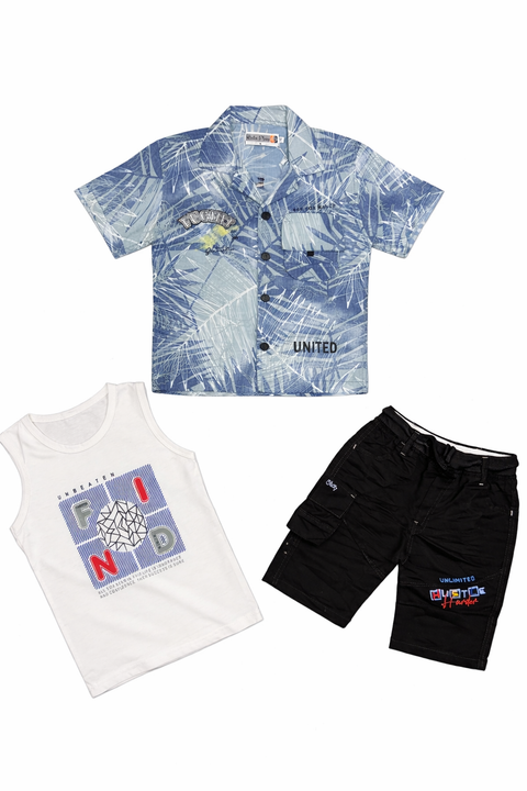 3-Piece Boys Casual Summer Outfit – Printed Shirt, Graphic Tee & Cargo Shorts Set
