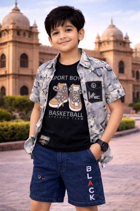 Boys Printed Shirt with Graphic Inner Tee Set