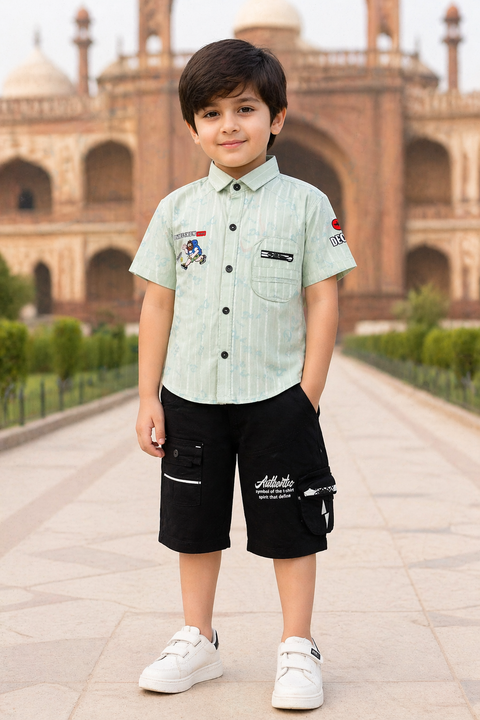 Boys Light Mint Stripe Casual Shirt & Black Shorts Summer Set