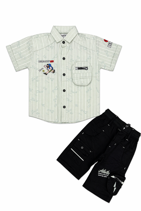 Boys Light Mint Stripe Casual Shirt & Black Shorts Summer Set