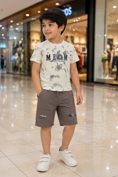 Boys Cream Graphic T-Shirt & Grey Shorts Casual Summer Set