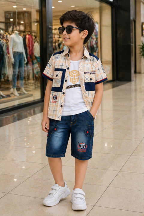 Boys 3-Piece Transformers Summer Outfit – Printed Shirt, T-Shirt & Denim Shorts Set