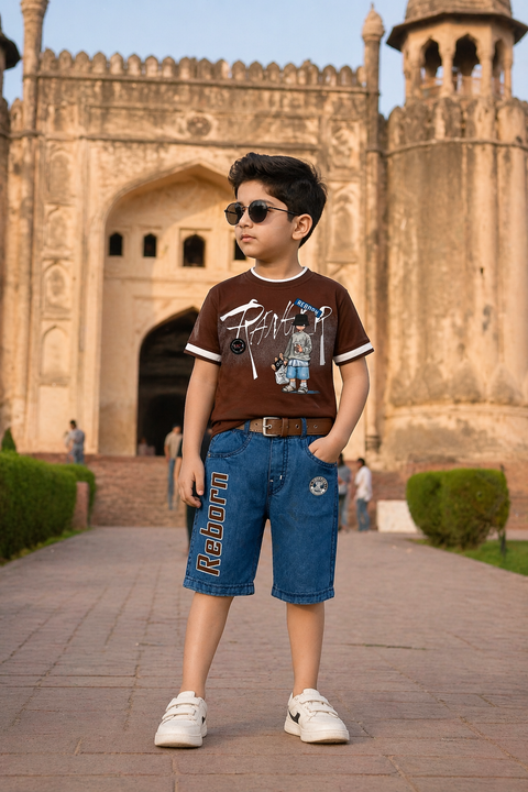 Boys Casual 2-Piece Outfit – Graphic T-Shirt & Denim Shorts Set with Belt