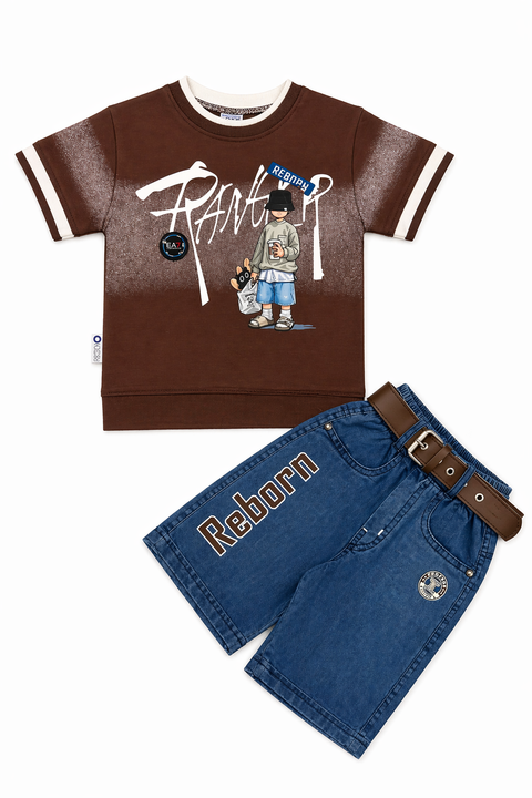 Boys Casual 2-Piece Outfit – Graphic T-Shirt & Denim Shorts Set with Belt