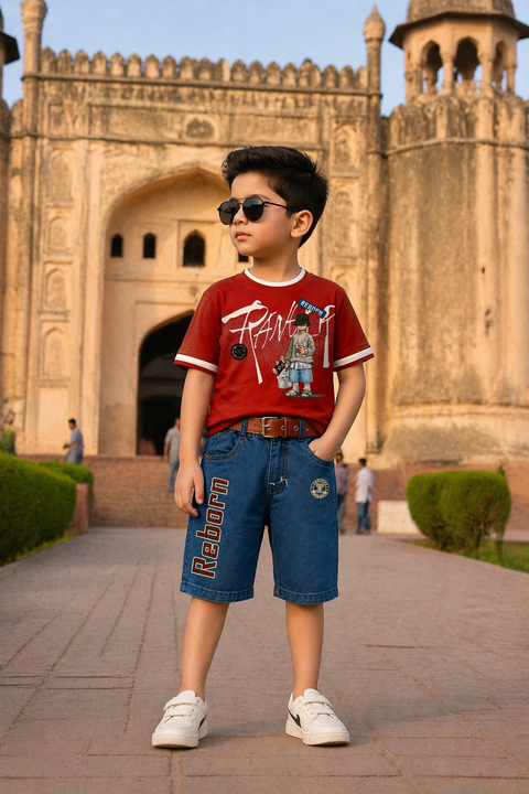 Boys Stylish Red Graphic T-Shirt & Denim Shorts Set with Belt