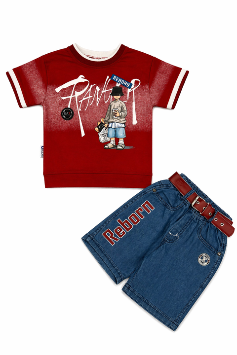 Boys Stylish Red Graphic T-Shirt & Denim Shorts Set with Belt