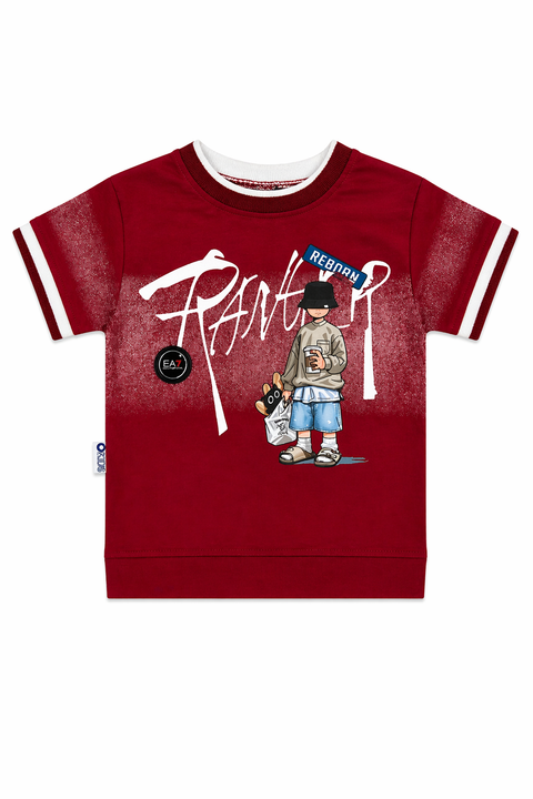 Boys Stylish Red Graphic T-Shirt & Denim Shorts Set with Belt