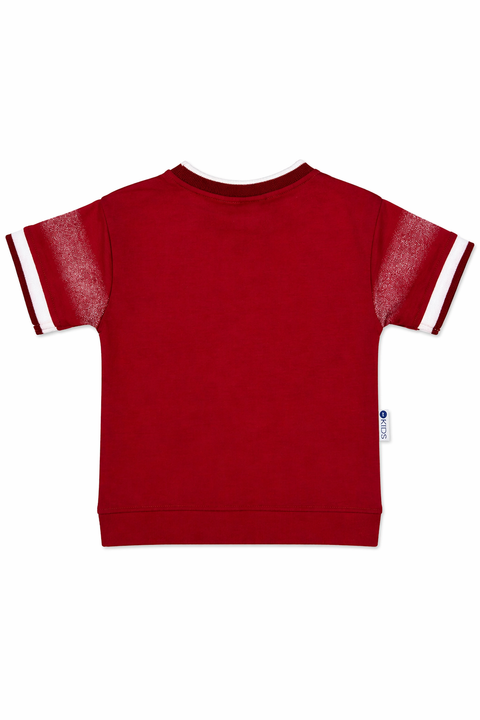 Boys Stylish Red Graphic T-Shirt & Denim Shorts Set with Belt