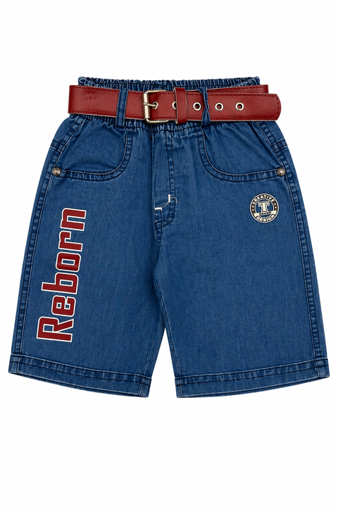 Boys Stylish Red Graphic T-Shirt & Denim Shorts Set with Belt