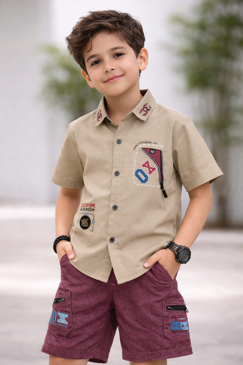 Stylish Boys Summer Casual Shirt & Shorts Set (Beige & Maroon)