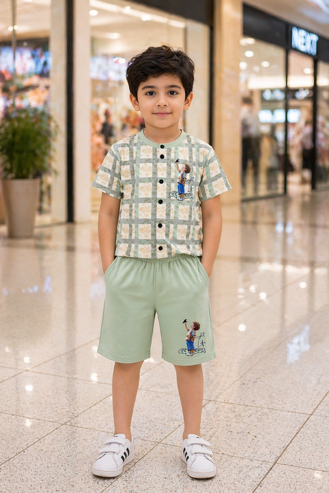Kids Summer Co-ord Set – Light Green Checked Shirt & Shorts (Bright Life Print)