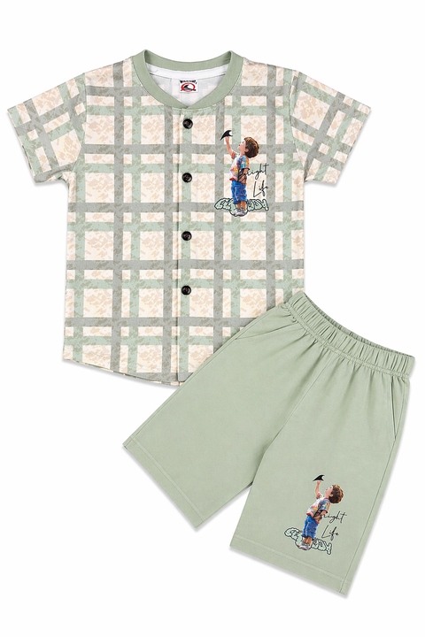 Kids Summer Co-ord Set – Light Green Checked Shirt & Shorts (Bright Life Print)
