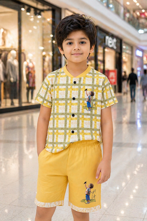 Kids Summer Co-ord Set – Yellow Checked Shirt & Shorts (Bright Life Print)